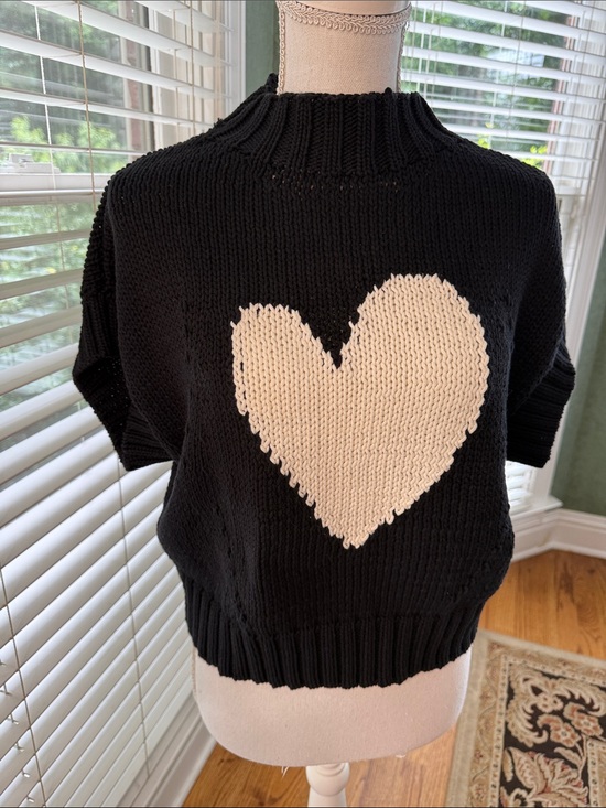 Maeve Sweaters - Maeve Black Knit Turtleneck Sweater with Cream Heart size M